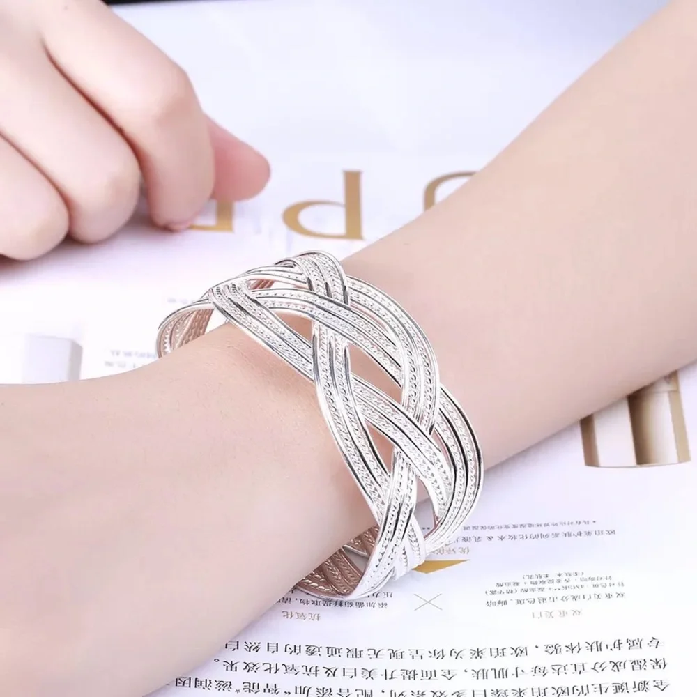 BRAIDED BANGLE BRACELET 925 STERLING SILVER - Picture 1 of 6
